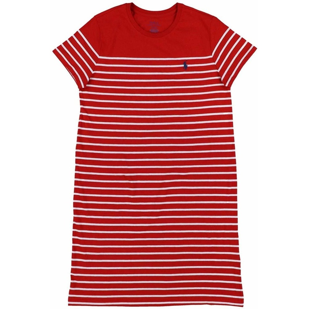 Polo Ralph Lauren T Shirt Dress Womens crew neck Jersey Red white stripe preppy